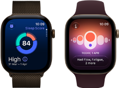Два часовника Apple Watch Series 12: алуминиев корпус в цвят тъмен бронз, кръгова графика за резултат от съня, Digital Crown, верижка тип Milanese Loop в цвят тъмен бронз; алуминиев корпус в цвят светлозлатисто, Проследяване на цикъла, спортна каишка в цвят бордо