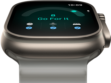 Apple Watch Ultra 4, титанов корпус, натурален цвят, резултат от готовността 8, дясна външна част, Digital Crown, издаден страничен бутон, каишка Ocean Band, полупрозрачен сив цвят