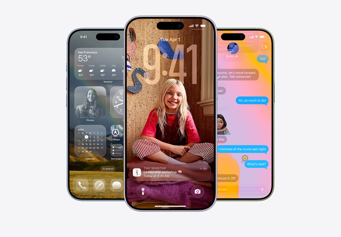 Екран на iPhone, на който се вижда изскачащ екран за обаждане, екран на iPhone, на който се вижда изскачащ Календар на персонализиран фон със снимка на дете, екран на iPhone, на който се вижда Съобщения с Liquid Glass дизайн