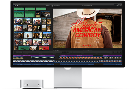 Mac mini, свързан със Studio Display, екранът показва екран от филм, озаглавен „Black American Cowboy“ отдясно, няколко кадъра отляво