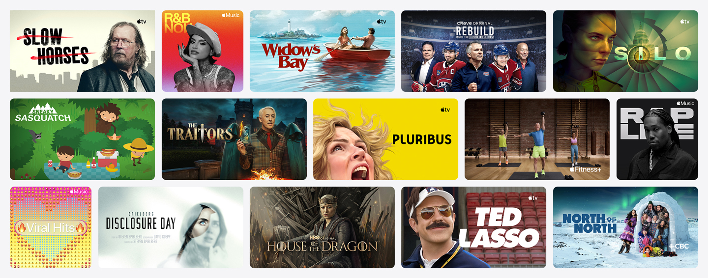 Grid of poster artwork from Apple TV, Apple Music, Apple Fitness+, Apple Arcade, and channel partners