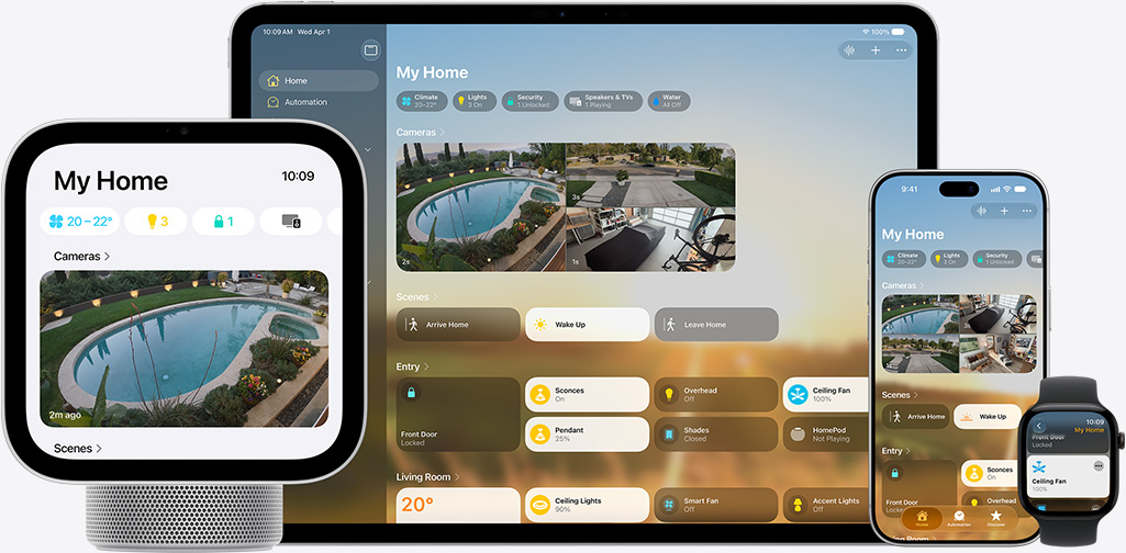 App Domicile sur un Apple HomeView, un iPad, un iPhone et une Apple Watch affichant le tableau de bord Mon Domicile avec des caméras de sécurité, la température, des scènes et des commandes d’appareils