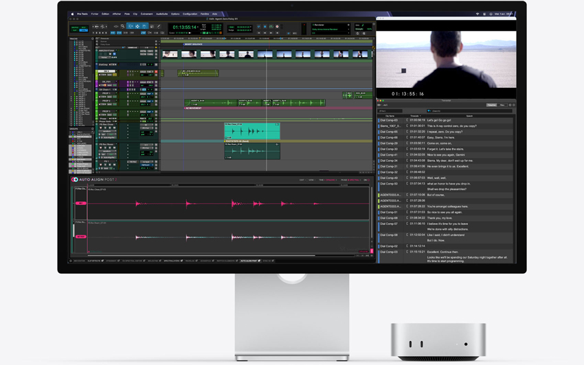 Face avant d’un Mac mini, posé sous un Studio Display, l’app Pro Tools avec le module d’extension Auto-Align Post 2 est en cours d’exécution sous macOS
