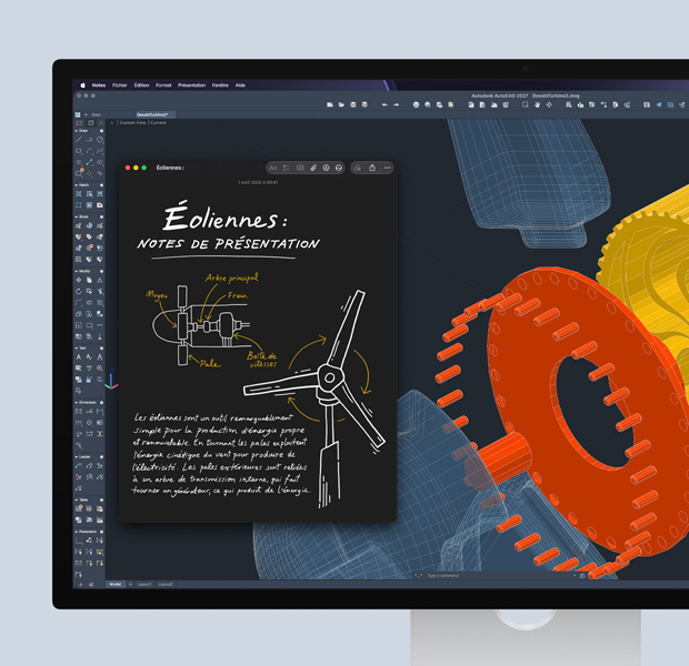 Studio Display, logiciel Autodesk AutoCAD ouvert, projet STIM affiché à l’écran, à côté de l’app Notes