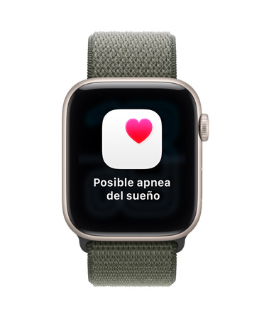Apple Watch SE 3, caja de aluminio, blanco estelar, notificación de posible apnea del sueño, corazón rosado en un recuadro blanco, parte lateral derecha, Digital Crown, correa loop deportiva, color bosque