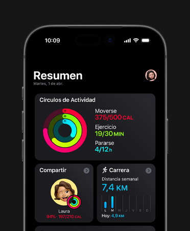 iPhone 17, resumen de Fitness, círculos de Actividad, métricas de Moverse, Ejercicio y Pararse, Compartir Actividad con otras personas, estadísticas de Carrera semanales
