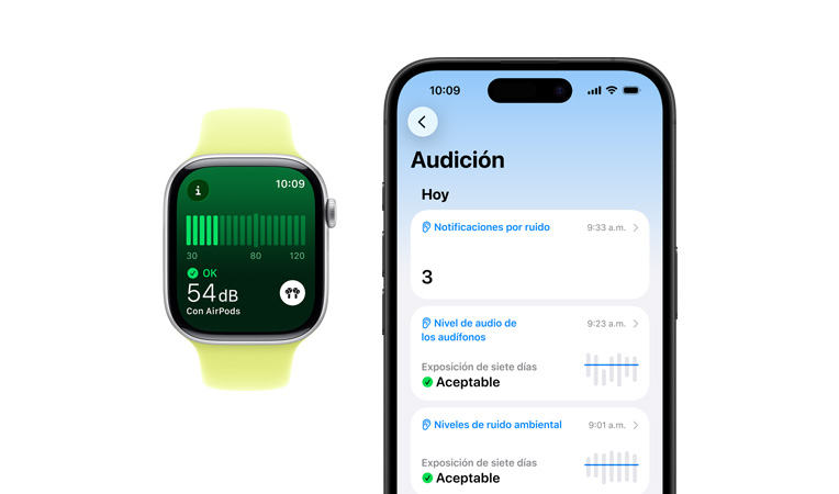 Apple Watch Series 11, caja de aluminio, color plata, app Ruido, correa deportiva amarillo neón, resumen detallado de Audición abierto en el iPhone enlazado