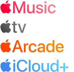 Logo služeb předplatného Apple včetně Apple Music, Apple TV, Apple Arcade, iCloud+