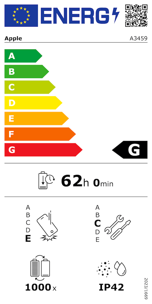 QR kód a informace na energetickém štítku EU, model Apple A3459, třída G, třídy energetické účinnosti (na stupnici od A do G), A (nejvyšší účinnost) až G (nejnižší účinnost), výdrž baterie na jeden cyklus, 62 hodin a 0 minut na plné nabití baterie, třída spolehlivosti při opakovaném volném pádu E, A (nejvyšší odolnost) až E (nejnižší odolnost), třída opravitelnosti C, A (nejlepší opravitelnost) až E (nejhorší opravitelnost), životnost baterie 1 000 cyklů, stupeň ochrany proti vniknutí prachu a vody (IP) IP42, nařízení 2023/1669