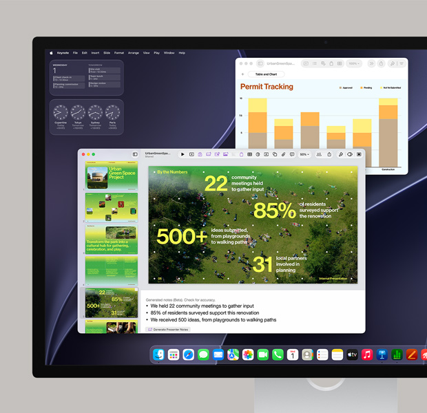 Na obrazovce macOS je zobrazena prezentace v Keynotu, graf s daty, otevřená aplikace Kalendář a aplikace v Docku