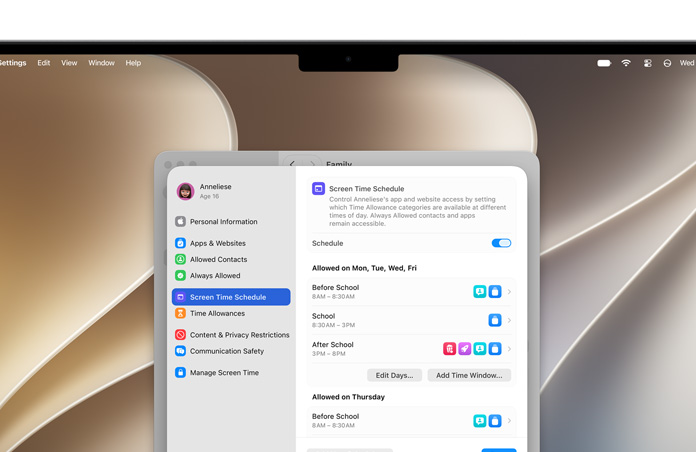 Stříbrný MacBook Pro, na obrazovce je v Nastavení vidět Vymezený čas a Čas u obrazovky, kde se dětem nastavují časové limity a kategorie médií