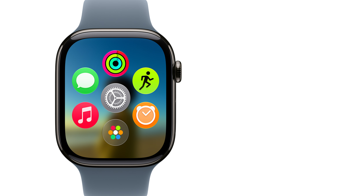 Apple Watch Series 11 z břidlicově šedého titanu, na displeji se zobrazuje Dynamické rozvržení aplikací