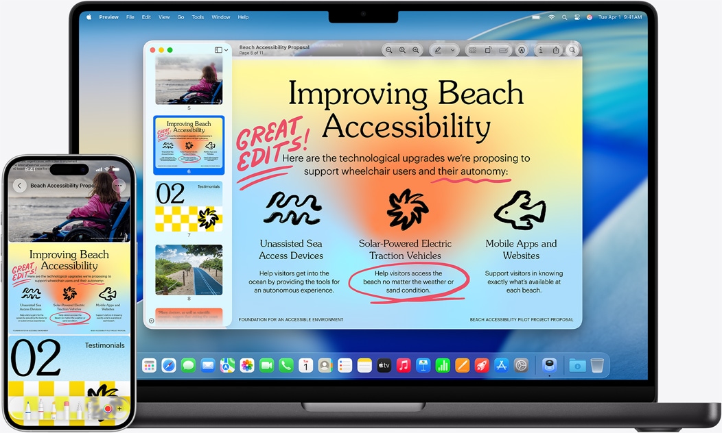 iPhone and MacBook side by side showcasing mirror effect displayed on MacBook. Calendar and Notes widgets near top of display, apps near bottom.
