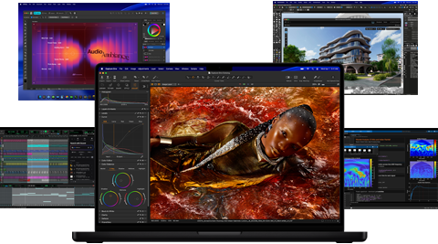A variety of colorful screen content from music production, graphic design, 3D animation, and photo editing apps on Mac, demonstrating powerful graphics performance