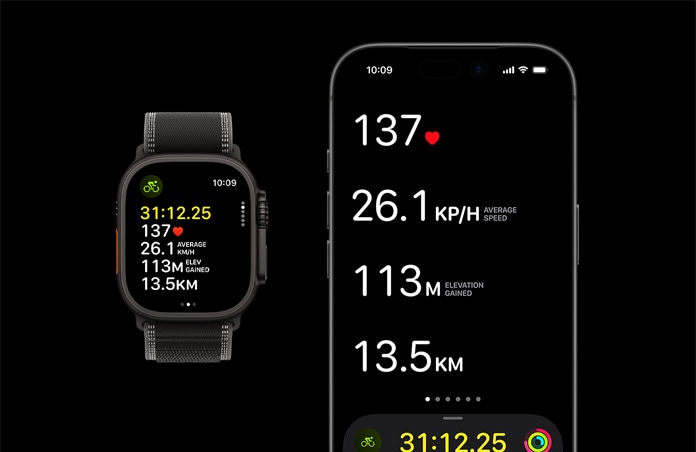 Apple Watch Ultra 3, must värv, titaanist korpus, Trail Loop rihm, must/söehall värv, iPhone, aktiivse treeningu näitajad on avatud mõlemas seadmes