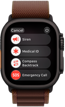 Apple Watch Ultra 4, titaanist korpus, must, satelliidiühendus, parema külje vaade, Digital Crown, kõrgem külgnupp, rihm Alpine Loop, burgundiapunane