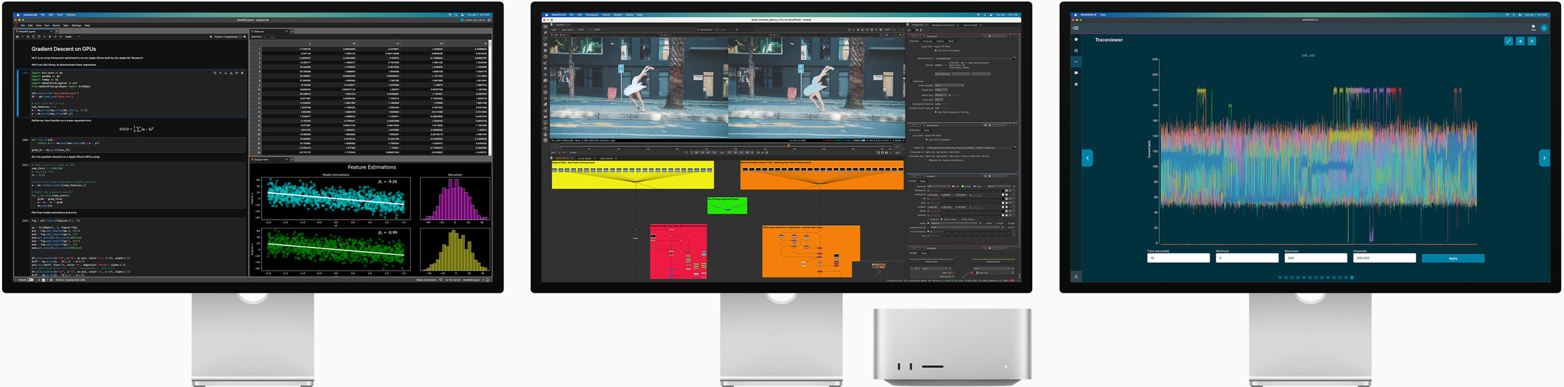 Mac Studio ja kolm Studio Displayd, mis näitavad ekraanil erinevaid macOS rakendusi
