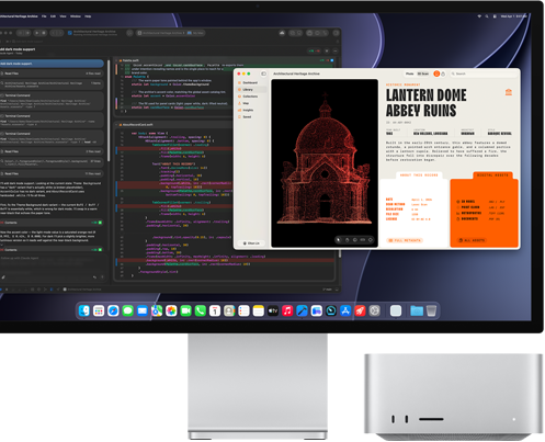Studio Display XDR, ekraanil on XCode'is Claude Agentis töödeldav dokument, Mac Studio, eestvaade