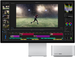 Sisseehitatud alusega Studio Display XDR, Mac Studio mahub kenasti ekraani alla, ekraanil on videotöötluse ja värvikorrektsiooni töövoog