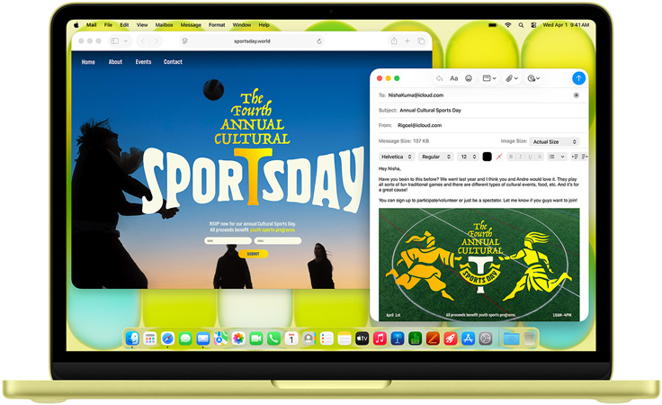 MacBook Neo, toonis tsitrus, kasutaja koostab e-kirja kutsega kunstinäitusele, kõrval on avatud ürituse veebileht