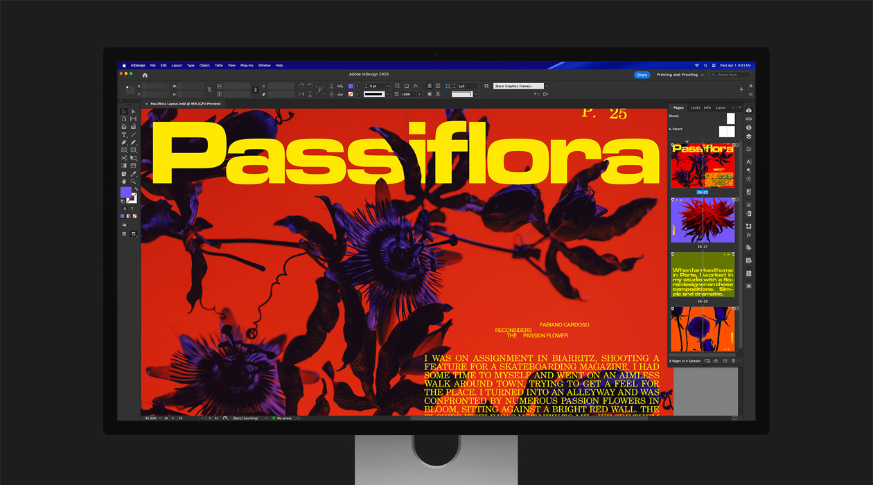 Adobe InDesign 2026 failis demonstreerib värvikas ajakirjalehekülg P3 + Adobe RGB värviruumi
