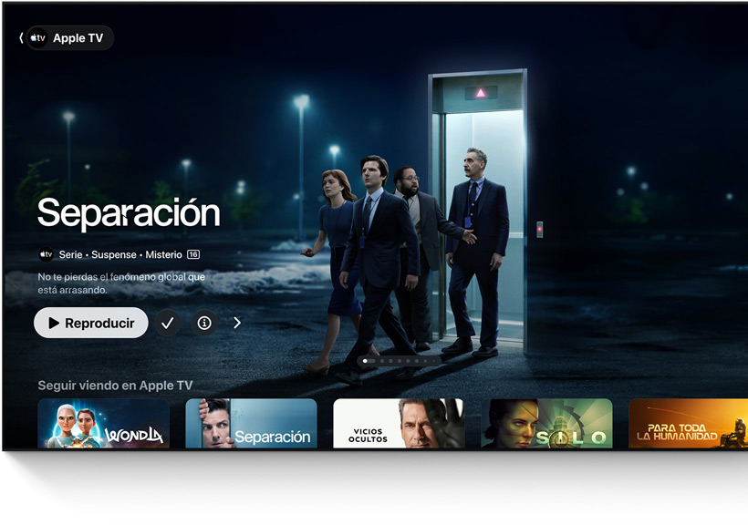 App Apple TV, título destacado: Separación, varias personas salen de un ascensor y se dirigen a un aparcamiento, la fila de Seguir Viendo aparece debajo