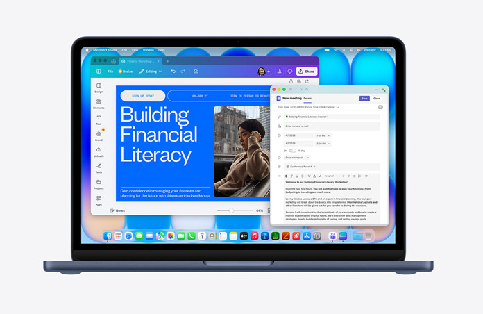 MacBook Neo en color medianoche que muestra una página web con el título «Building Financial Literacy» y la imagen de una persona, el borrador de un email abierto, una barra de menús con varios iconos y el Dock en la parte inferior con iconos de apps