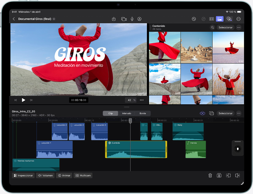 iPad Air, parte delantera, se muestra la edición de vídeo en Final Cut Pro
