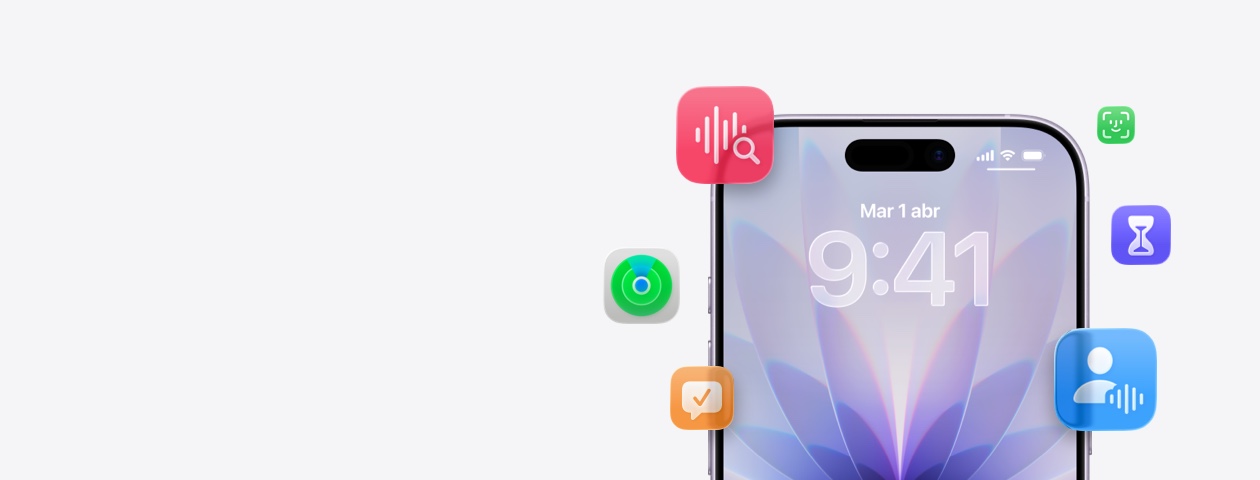 Un iPhone con varias prestaciones integradas de Apple a su alrededor