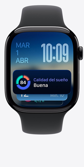 Apple Watch Series 11, caja de aluminio, color negro azabache pulido, Grupo Inteligente, alerta de Calidad del Sueño, lateral derecho, Digital Crown, correa deportiva negra