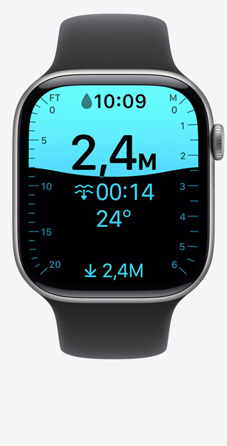 Apple Watch Series 11, caja de aluminio, color gris espacial, pantalla de la app Profundidad, inmersión a 2,4 metros