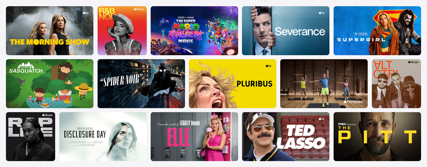 Grid of poster artwork from Apple TV, Apple Music, Apple Fitness+, Apple Arcade, and channel partners
