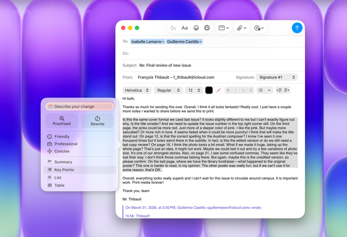 Die Mail App mit einem Bedienfeld mit Apple Intelligence Schreibtools, die Option «Stichpunkte» ist hervorgehoben