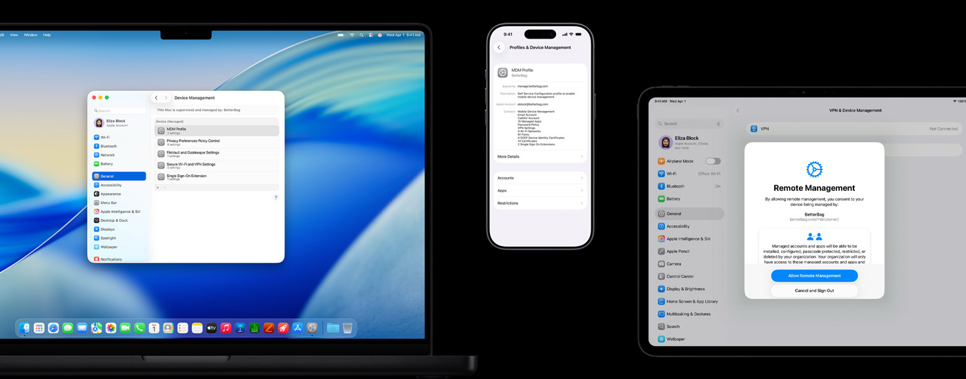 Uma vista de três dispositivos Apple: à esquerda, um computador Mac mostra uma janela de gestão de dispositivos. Ao centro, um iPhone mostra as definições do perfil de MDM (Gestão de dispositivos móveis). À direita, um iPad apresenta uma janela de gestão remota.
