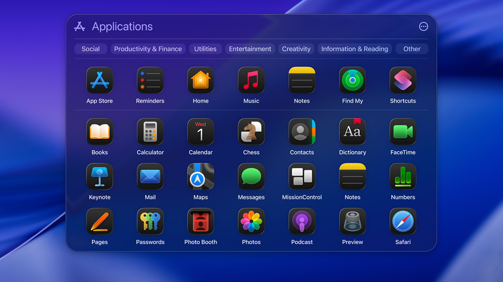 Vários ícones de apps no macOS Tahoe apresentados num formato de grelha.