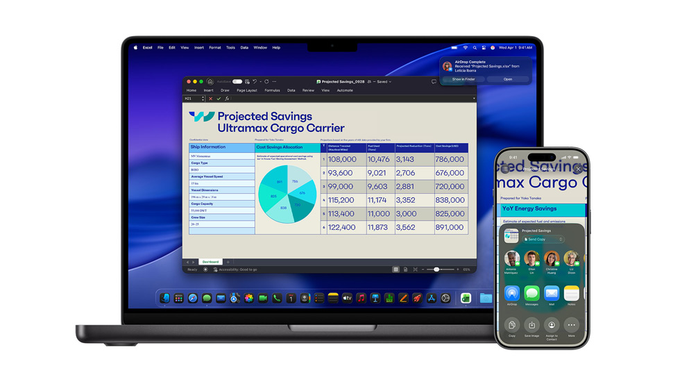 Um Mac e um iPhone a mostrar um documento do Excel. No Mac, a proteção de ecrã do macOS Tahoe está em segundo plano.