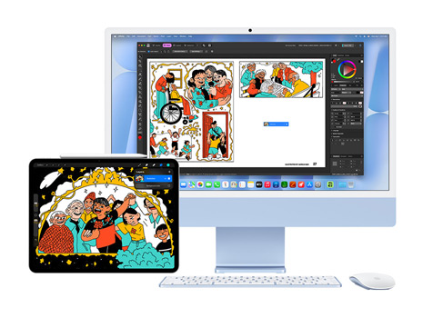 Uma ilustração divertida e arrojada apresentada num iPad e num iMac com o macOS Tahoe. No iMac, a mesma ilustração encontra-se numa aplicação criativa.