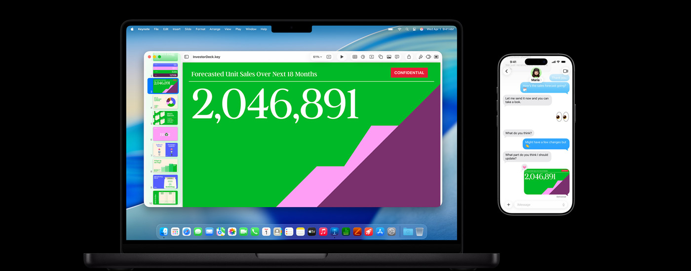 Um Mac a mostrar uma apresentação e o papel de parede do macOS Tahoe. Em frente ao Mac encontra-se um iPhone com a mesma apresentação numa troca de mensagens de texto.