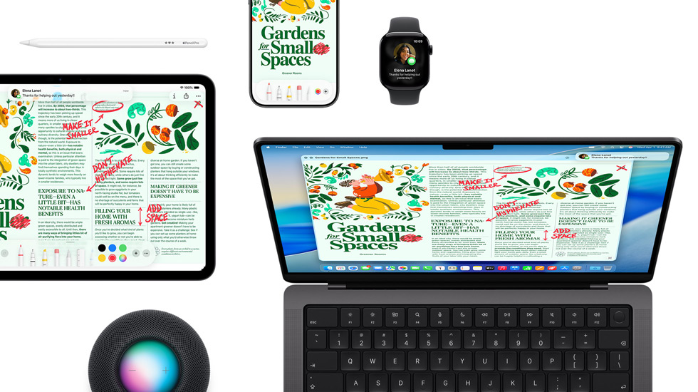 Um conjunto de dispositivos, incluindo um iPad, iPhone, Apple Watch e macOS Tahoe no Mac, que apresentam a mesma disposição de revista.