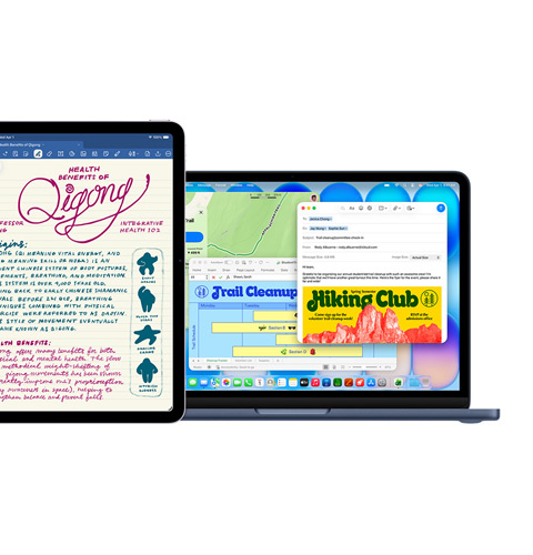 En iPad-skjerm viser Goodnotes, og en Mac-skjerm viser flere apper som brukes samtidig.