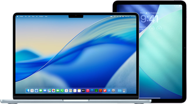 MacBook a la izquierda, iPad a la derecha, pantallas que muestran un fondo de pantalla azul y verde similar.