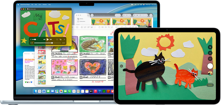 Mac og iPad viser en kreativ presentasjon med teksturerte dyr som et eksempel på hvor allsidige enhetene er.