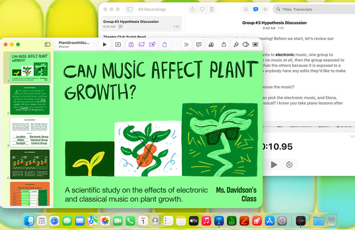Skjermen på en Mac viser en Keynote-presentasjon med tittelen «Can Music Affect Plant Growth?» sammen med en avskrift av Taleopptak, som et eksempel på allsidigheten.