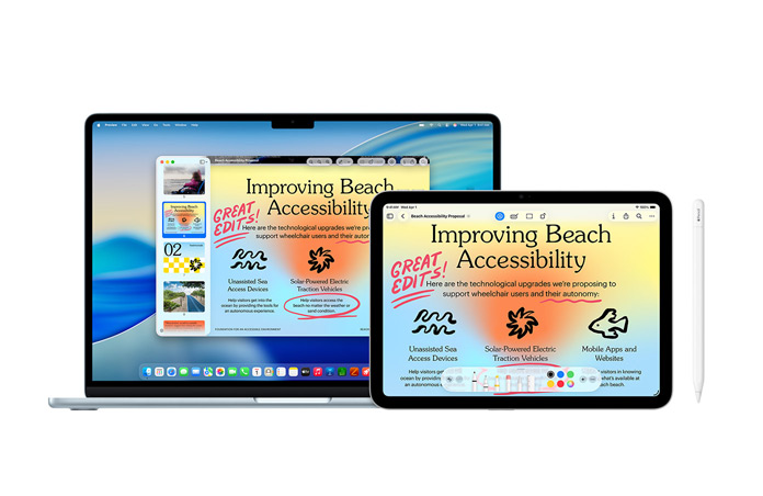 Un Mac y un iPad muestran la misma presentación con anotaciones en rojo hechas con el Apple Pencil para ilustrar las prestaciones de Continuidad entre dispositivos. Se muestra la parte frontal del Apple Pencil.
