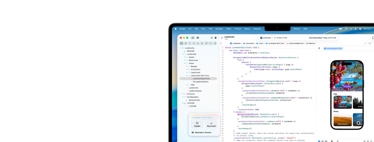 Xcode kjører på en Mac. KI-kodingsassistent Claude Agent og en forhåndsvisning av iPhone-appen vises på skjermen.