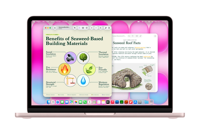 Appene Pages og Notater på MacBook Neo viser presentasjoner om tak av sjøgress som et eksempel på ytelsen.