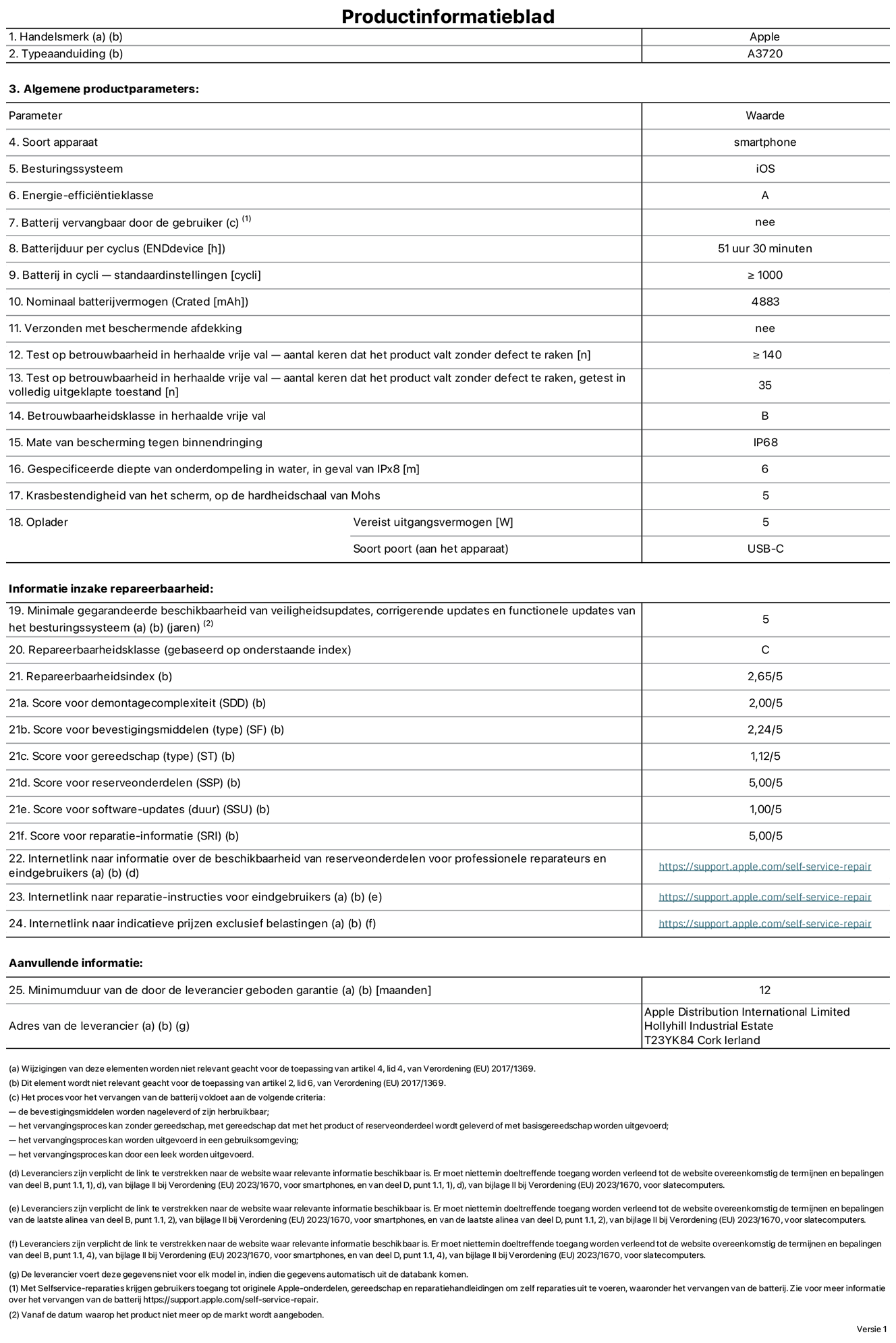Productinformatieblad voor iPhone Duo, model A3720. Verstrekt door Apple Distribution International Limited, Hollyhill Industrial Estate. Cork, Ierland, T23 YK84. Type device: smartphone. Besturingssysteem: iOS. Energie-efficiëntieklasse: A. Batterij door de gebruiker te vervangen: nee. Batterijduur per cyclus: 51 uur en 30 minuten. Batterijduur in cycli, standaardinstellingen: groter dan of gelijk aan 1000. Nominale batterijcapaciteit: 4883 mAh. Geleverd met beschermhoesje: nee. Herhaalde betrouwbaarheidstest voor vrije val, valpartijen zonder defect: groter dan of gelijk aan 140. Herhaalde betrouwbaarheidstest voor vrije val, valpartijen zonder defect getest in volledig opengevouwen toestand: 35. Herhaalde vrije val in betrouwbaarheidsklasse: B. Beschermingsklasse: IP68. Gespecificeerde dompeldiepte in water, in geval van iPx8: 6 meter. Krasbestendigheid van het scherm op de hardheidsschaal van Mohs: 5. Uitgangsvermogen vereist voor oplader: 5 watt. Type opladeraansluiting (aan het uiteinde van het device): USB‑C. Minimale gegarandeerde beschikbaarheid van beveiligingsupdates van het besturingssysteem, corrigerende updates en functionaliteitsupdates: 5 jaar. Repareerbaarheidsklasse: C. Repareerbaarheidsindex: 2,65/5. Score demontagediepte (SDD): 2,00/5. Score sluitingen: 2,24/5. Gereedschapsscore: 1,12/5. Score reserveonderdelen: 5,00/5. Score software-updates: 1,00/5. Score reparatiegegevens: 5,00/5. Weblink naar informatie over de beschikbaarheid van reserveonderdelen voor professionele reparaties en eindgebruikers: https://support.apple.com/self-service-repair. Weblink voor reparatie-instructies voor eindgebruikers: https://support.apple.com/self-service-repair. Weblink naar indicatieve prijzen vóór belasting: https://support.apple.com/self-service-repair. Inclusief 12 maanden algemene garantie.