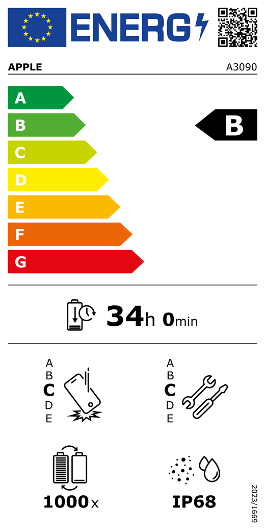 EU-Energielabel, QR Code und Informationen, Apple Modell A3090, Klasse B, Energieeffizienzklassen (auf einer Skala von A bis G), A (am effizientesten) bis G (am wenigsten effizient), Batterielaufzeit pro Zyklus, 34 Stunden und 0 Minuten pro voller Batterieladung, Sturzfestigkeit Klasse C für wiederholten freien Sturz, A (am robustesten) bis E (am wenigsten robust), Reparierbarkeit der Klasse C, A (am besten reparierbar) bis E (am wenigsten reparierbar), Batteriehaltbarkeit 1.000 Ladezyklen, Schutzart gegen Eindringen von Staub und Wasser (IP) IP68, Verordnung 2023/1669.