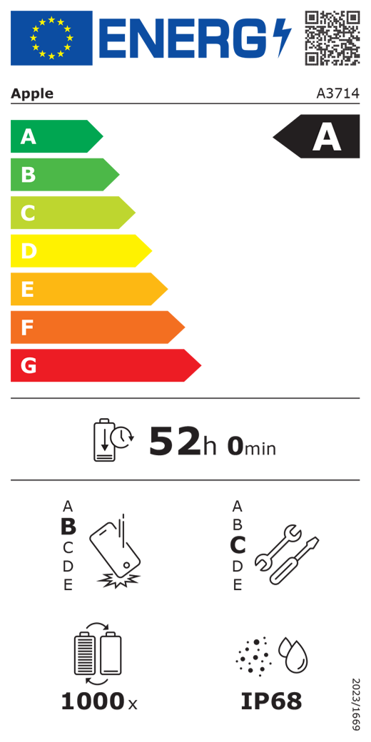EU-energielabel, QR-code en informatie, Apple model A3714, klasse A, energie-efficiëntieklassen (met schaal van A tot G), A (meest efficiënt) tot G (minst efficiënt), batterijduur per cyclus, 52 uur en 0 minuten per keer volledig opladen, betrouwbaarheidsklasse B bij herhaaldelijke vrije val, A (meest robuust) tot E (minst robuust), repareerbaarheidsklasse C, A (gemakkelijkst repareerbaar) tot E (moeilijkst repareerbaar), levensduur batterij 1000 cycli, classificatie IP68 voor bescherming tegen binnendringen van stof en water (IP), verordening 2023/1669.