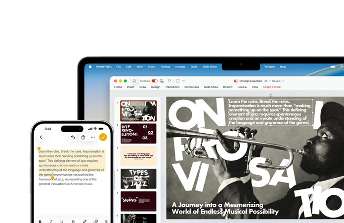 Un iPhone 16 Plus avec du texte surligné dans l’app Notes, un MacBook Air avec une diapo PowerPoint ouverte, le texte de l’app Notes est visible sur la diapo